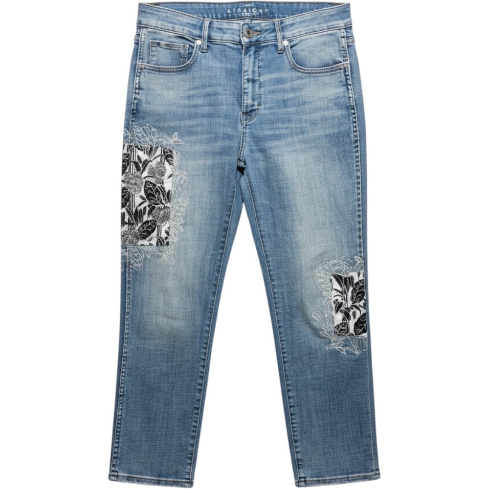 White House Black Market Embroidered Floral Patch Jeans 8 Straight Crop Boho